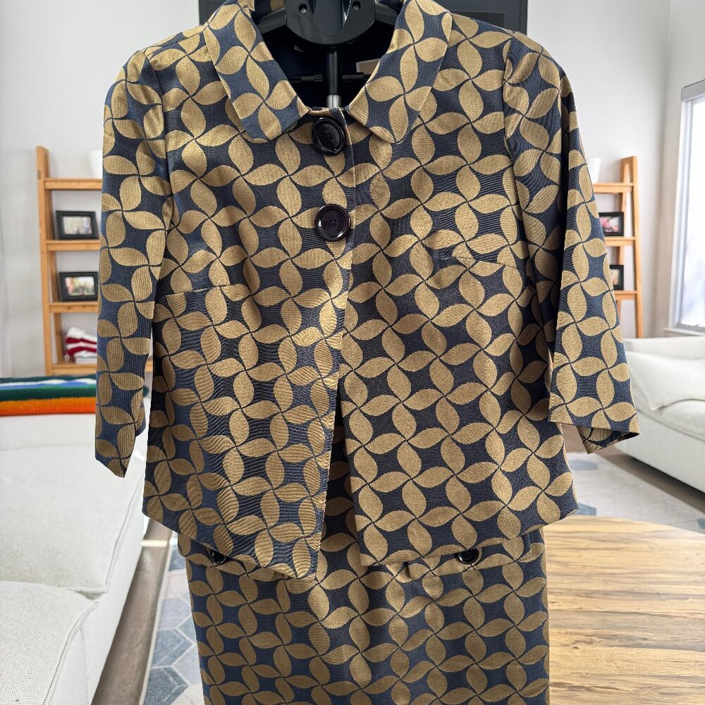 Michael Kors blue and gold geometric sleeveless dress and blazer set.